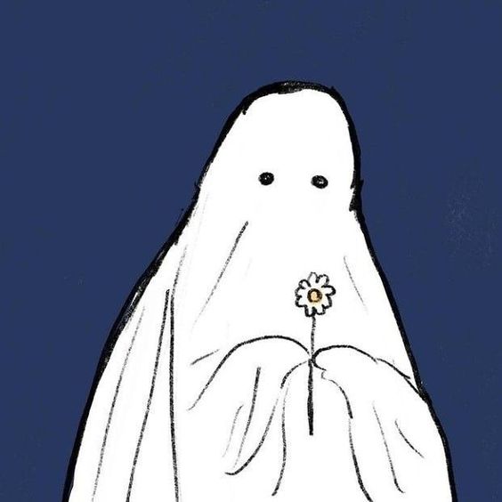 A cartoon ghost against a blue background.  The ghost is holding a flower and looks sad. I liked this image because sometimes feeling lonely can feel like people can't really see you or interact with you. 